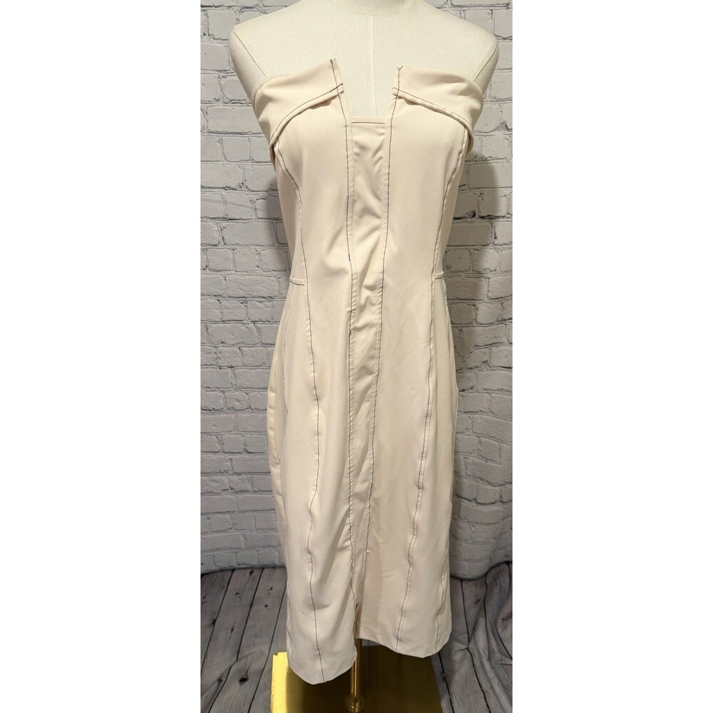 NWT Showpo strapless Cream midi dress prominent contrast topstitching Size 12